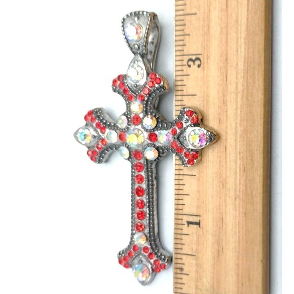 Red Iridescent Rhinestone Silver Tone Large Statement Cross Pendant 3.75" Bling - Picture 6 of 7